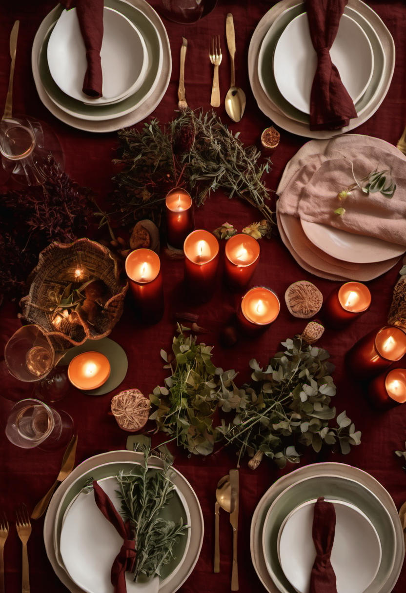 candlelit communal dinner table seen from above